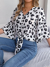 Load image into Gallery viewer, Tied Button Up Leopard V-Neck Blouse