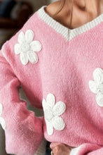Load image into Gallery viewer, Flower V-Neck Dropped Shoulder Sweater