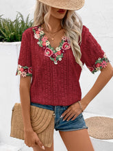 Load image into Gallery viewer, Eyelet Embroidered V-Neck Short Sleeve Blouse