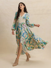 Load image into Gallery viewer, Slit Printed V-Neck Long Sleeve Midi Dress