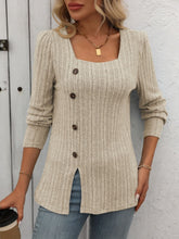 Load image into Gallery viewer, Decorative Button Striped Square Neck Long Sleeve T-Shirt