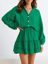 Load image into Gallery viewer, Ruffled Notched Balloon Sleeve Mini Dress