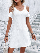 Load image into Gallery viewer, Eyelet V-Neck Cold Shoulder Mini Dress