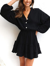 Load image into Gallery viewer, Ruffled Notched Balloon Sleeve Mini Dress