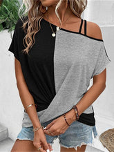 Load image into Gallery viewer, Contrast Asymmetrical Neck Short Sleeve T-Shirt