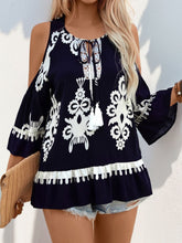 Load image into Gallery viewer, Tassel Printed Tie Neck Cold Shoulder Blouse