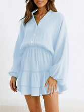 Load image into Gallery viewer, Ruffled Notched Balloon Sleeve Mini Dress
