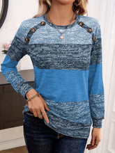 Load image into Gallery viewer, Decorative Button Contrast Round Neck Long Sleeve T-Shirt