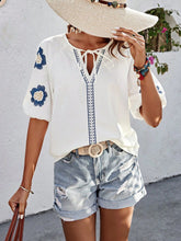 Load image into Gallery viewer, Embroidered Tie Neck Puff Sleeve Blouse