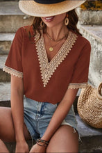 Load image into Gallery viewer, Full Size Lace Detail V-Neck Short Sleeve Blouse
