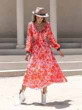 Load image into Gallery viewer, Tied Cutout Printed Long Sleeve Midi Dress