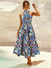 Load image into Gallery viewer, Ruched Printed Halter Neck Sleeveless Dress