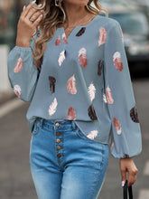 Load image into Gallery viewer, Feather Print Notched Balloon Sleeve Top