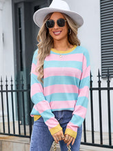 Load image into Gallery viewer, Striped Round Neck Dropped Shoulder Sweater