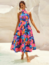Load image into Gallery viewer, Ruched Printed Halter Neck Sleeveless Dress