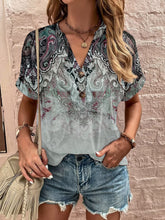 Load image into Gallery viewer, Full Size Printed Notched Short Sleeve Blouse