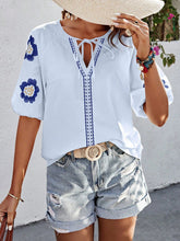 Load image into Gallery viewer, Embroidered Tie Neck Puff Sleeve Blouse