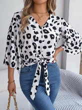 Load image into Gallery viewer, Tied Button Up Leopard V-Neck Blouse