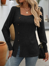 Load image into Gallery viewer, Decorative Button Striped Square Neck Long Sleeve T-Shirt