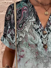 Load image into Gallery viewer, Full Size Printed Notched Short Sleeve Blouse