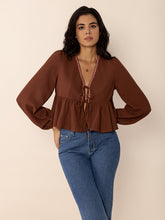 Load image into Gallery viewer, Peplum Tied V-Neck Long Sleeve Blouse