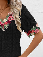 Load image into Gallery viewer, Eyelet Embroidered V-Neck Short Sleeve Blouse