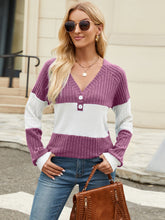 Load image into Gallery viewer, Color Block V-Neck Long Sleeve T-Shirt
