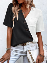 Load image into Gallery viewer, Decorative Button Surplice Short Sleeve Blouse
