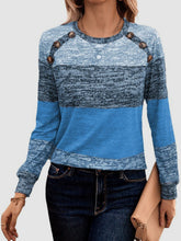 Load image into Gallery viewer, Decorative Button Contrast Round Neck Long Sleeve T-Shirt