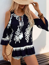 Load image into Gallery viewer, Tassel Printed Tie Neck Cold Shoulder Blouse