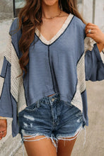 Load image into Gallery viewer, Lace Detail Contrast V-Neck Long Sleeve Blouse