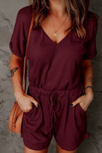 Load image into Gallery viewer, Full Size Drawstring V-Neck Short Sleeve Romper