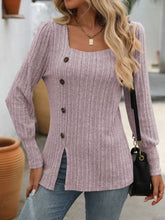 Load image into Gallery viewer, Decorative Button Striped Square Neck Long Sleeve T-Shirt