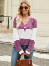 Load image into Gallery viewer, Color Block V-Neck Long Sleeve T-Shirt