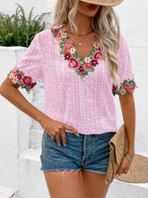 Load image into Gallery viewer, Eyelet Embroidered V-Neck Short Sleeve Blouse