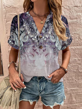 Load image into Gallery viewer, Full Size Printed Notched Short Sleeve Blouse