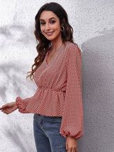 Load image into Gallery viewer, Ruched Printed V-Neck Long Sleeve Blouse