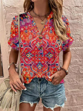 Load image into Gallery viewer, Full Size Printed Notched Short Sleeve Blouse