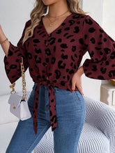 Load image into Gallery viewer, Tied Button Up Leopard V-Neck Blouse