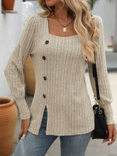 Load image into Gallery viewer, Decorative Button Striped Square Neck Long Sleeve T-Shirt