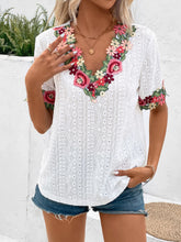 Load image into Gallery viewer, Eyelet Embroidered V-Neck Short Sleeve Blouse