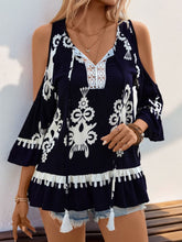 Load image into Gallery viewer, Tassel Printed Tie Neck Cold Shoulder Blouse