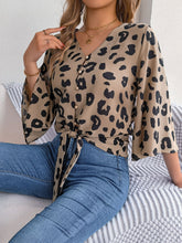 Load image into Gallery viewer, Tied Button Up Leopard V-Neck Blouse