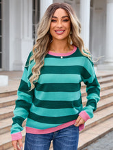 Load image into Gallery viewer, Striped Round Neck Dropped Shoulder Sweater