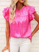 Load image into Gallery viewer, Leopard Frill Mock Neck Ruffled Cap Sleeve Top