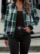 Load image into Gallery viewer, Plus Size Plaid Baseball Collar Zip Up Jacket