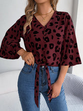 Load image into Gallery viewer, Tied Button Up Leopard V-Neck Blouse