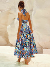 Load image into Gallery viewer, Ruched Printed Halter Neck Sleeveless Dress