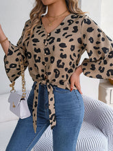 Load image into Gallery viewer, Tied Button Up Leopard V-Neck Blouse