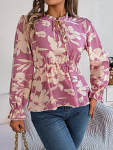 Load image into Gallery viewer, Printed Tie Neck Flounce Sleeve Blouse